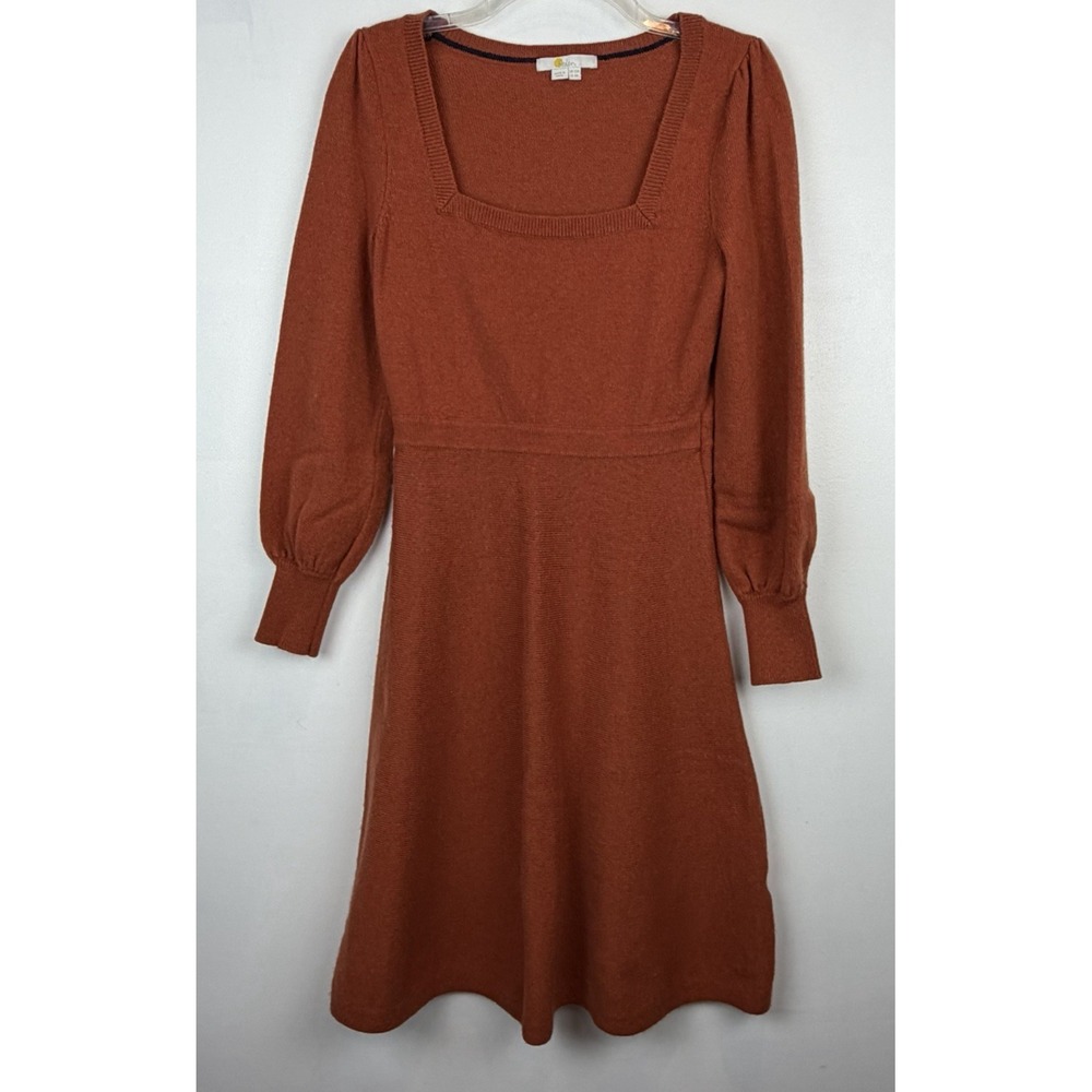 Boden Sweater Dress Womens 8 R Orange Square Neck Puff Sleeve Flare Midi Fall